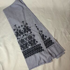 Talbots Oblong Scarf Blue White Stripe Paisley Embroidery 23”x72” Cotton